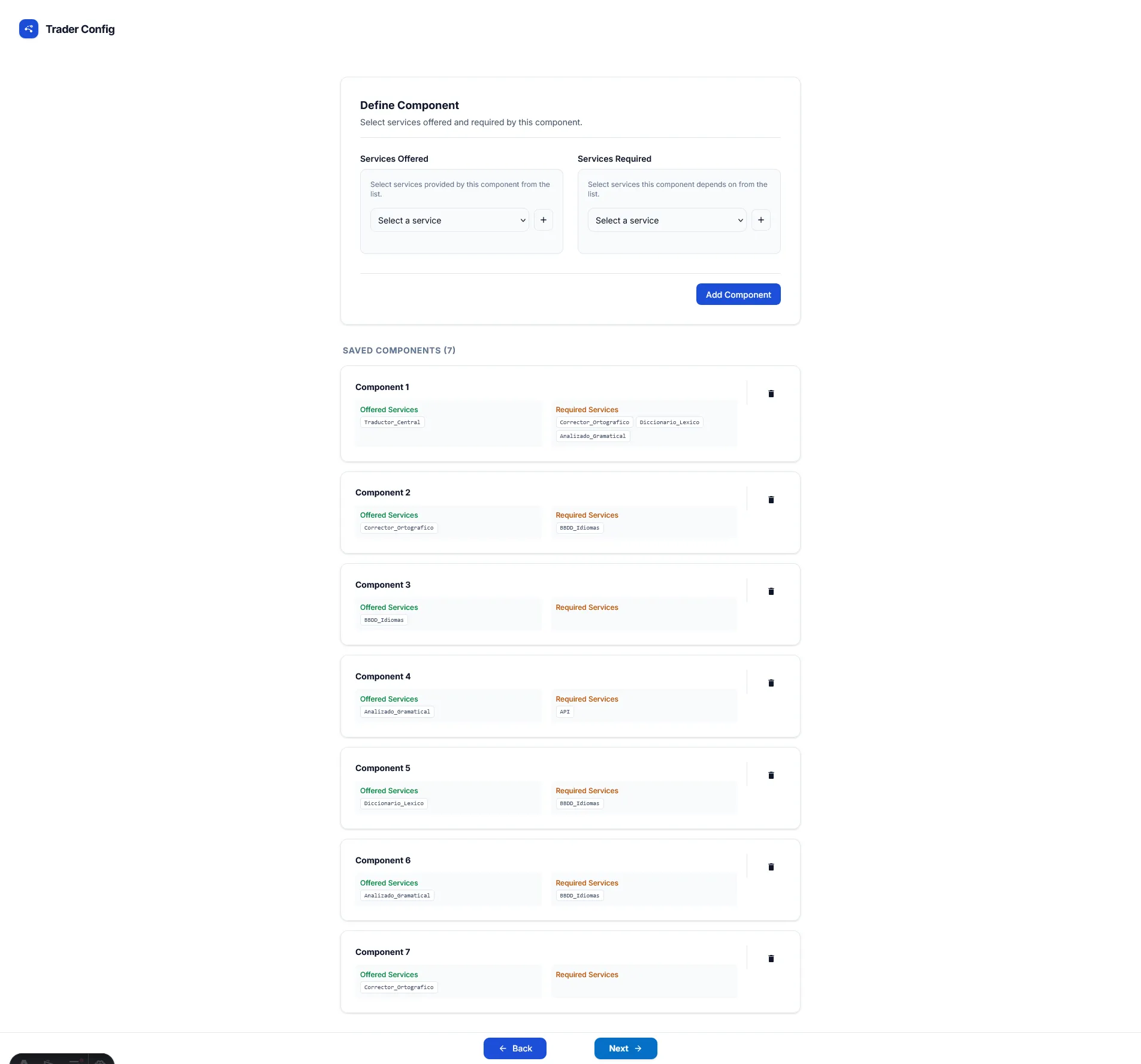 Formulario de componentes con servicios ofrecidos y requeridos