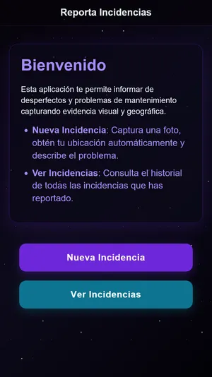 Pantalla de inicio con descripción y botones