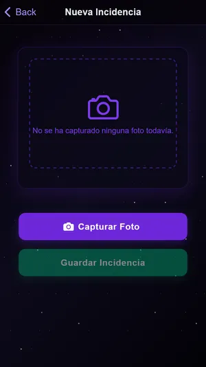 Página de nueva incidencia con captura de foto